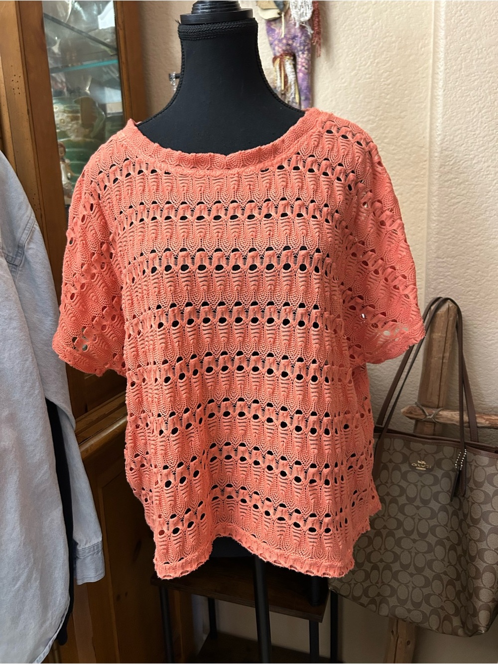 Sanctuary Coral Open-Knit Short Sleeve Tunic